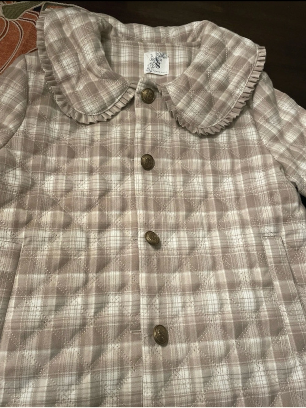 Altar'd State Girls' Plaid Quilted Jacket in Taupe and White with Ruffle Collar